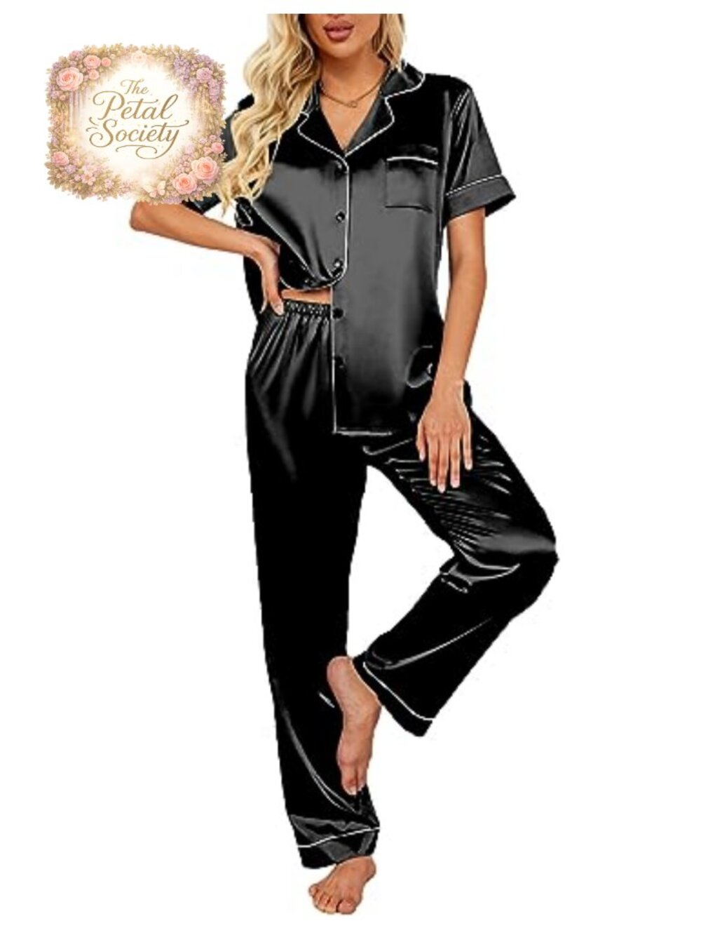 Satin Short Sleeve Pajama Set Button Down Sleepwear 2 Piece Lounge